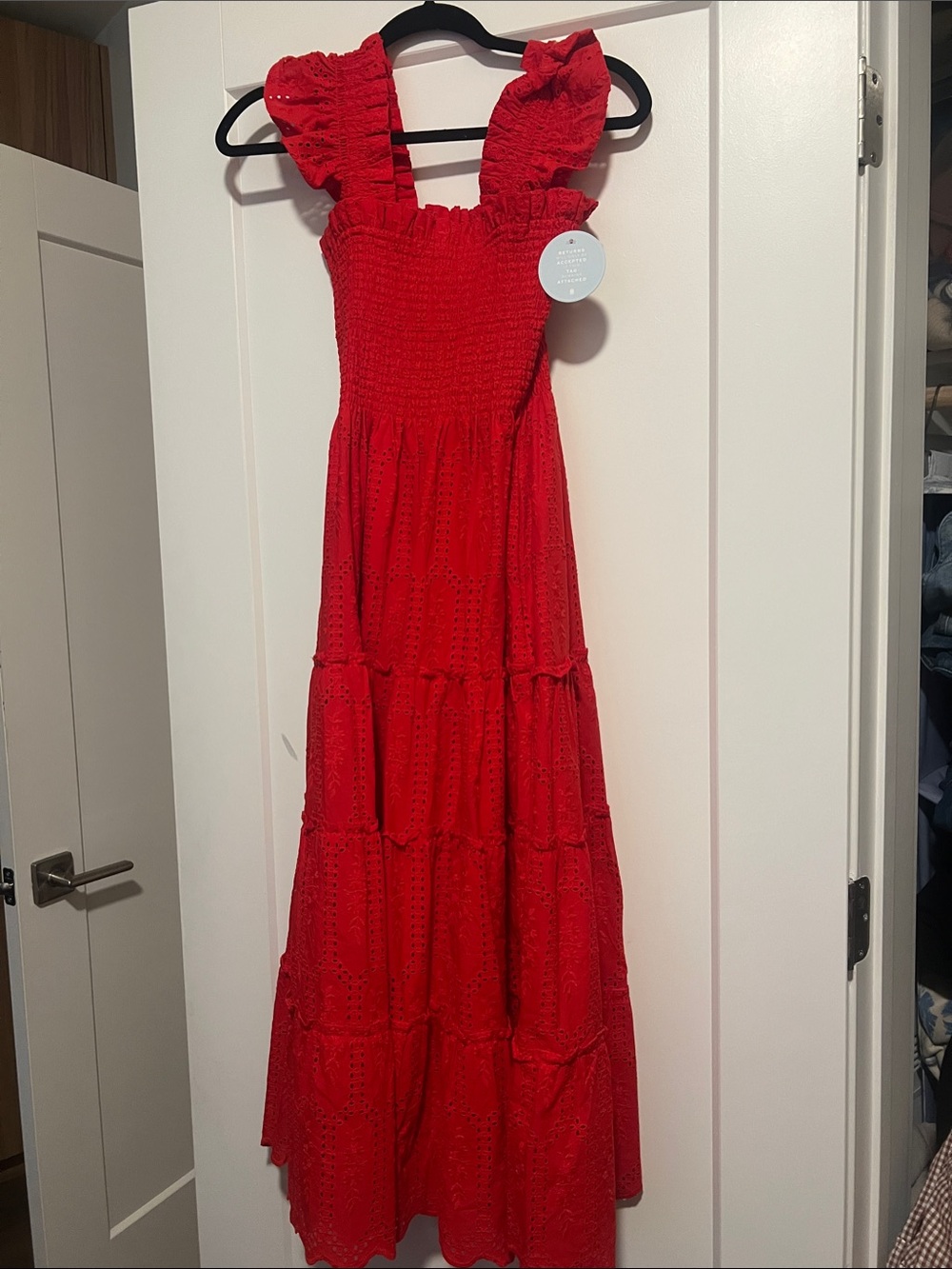 Hill House Red Tiered Eyelet Maxi Dress with Ruffle Straps